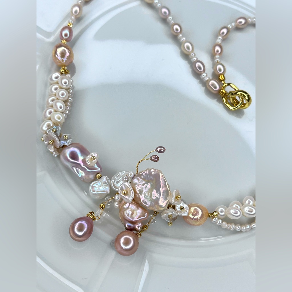 Handmade Premium Freshwater Golden Keshi Flameball Pearl Butterfly Necklace 185$